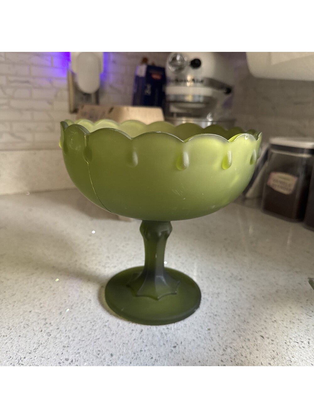 1970's vintage Indiana Glass frosted avocado green pedestal compote bowl. [COPY]
